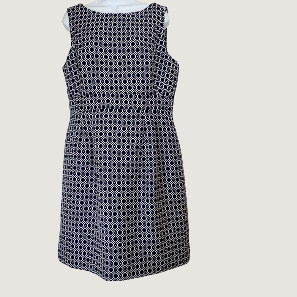 Tahari-Levine Womens 14 Sheath Dress Navy White Geometric Sleeveless Boat Neck